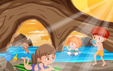 Wall Mural - Summer holiday with children at sea cave