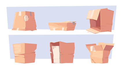 Canvas Print - Damaged boxes. Problem products delivery broken moving cardboard dirty containers garish vector cartoon pictures set