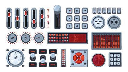 Poster - Ui elements. Control panels dashboards switches buttons frames volume handle controllers dial meters garish vector templates colored set
