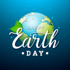 Wall Mural - Earth Day Illustration with Planet and Green Leaf on Blue Background. April 22 Environment World Map Concept. Vector Save the Planet Design for Banner, Poster or Greeting Card.