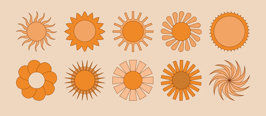 Vector set of design elements and illustrations in simple flat style - sun symbols, abstract forms and shapes - logo design templates, badges and stickers for posters, prints, banners