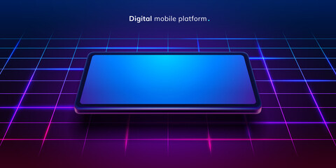 Aufkleber - Digital mobile platform in smartphone, modern gadget with neon line background. Vector realistic cartoon, presentation of new product, software or application. Virtual reality and electronics