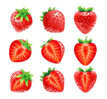 Realistic Strawberries Cut In Half And Quarters, Whole Ripe Berry. Vector Flat Cartoon, Isolated Fruits Summer Food Harvest Organic And Natural Product, Healthy Red Berries With Green Leaves