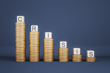 Poster - Decreasing coin stacks with letter blocks on blue background with mock up place. Crisis, finance and money concept. 3D Rendering.