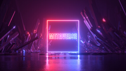 Wall Mural - 3d render, abstract futuristic neon background. Cosmic landscape with crystal rocks under the night sky. Metaverse sign glowing with pink blue violet light inside the square frame