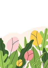 Fototapete - Spring flowers card design. Romantic floral plants on vertical background with delicate gentle garden flora, leaves. Postcard with modern botanical border. Flat vector illustration isolated on white