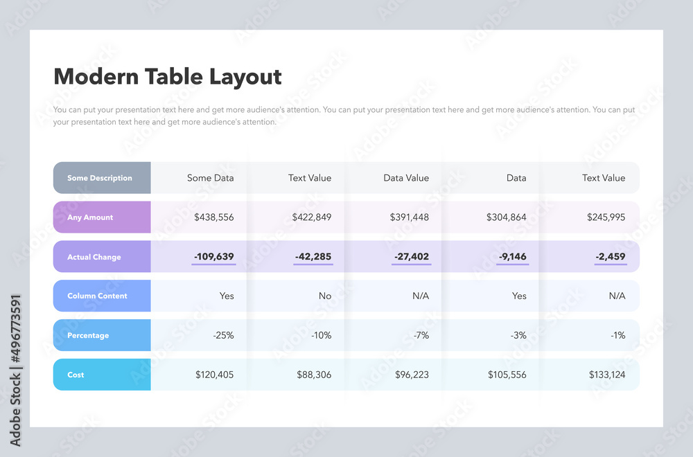 เวกเตอร์ Stock Modern table layout template with highlighted row. Flat ...