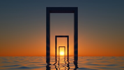 Canvas Print - 3d rendering, abstract sunset background with geometrical arches in the water. minimal seascape scen