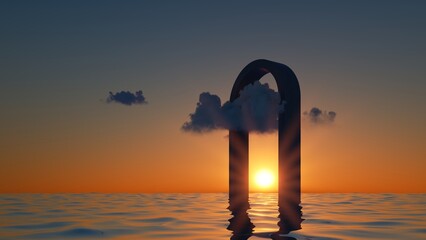Canvas Print - 3d render, abstract minimal seascape with clouds flying through the round arch standing in the water
