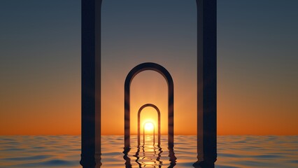 Canvas Print - 3d rendering, abstract sunset background with round arches in the water. minimal seascape wallpaper.