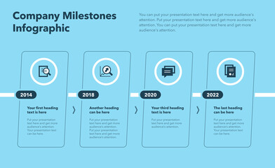 Aufkleber - Company milestones template with four steps - blue version. Easy to use for your website or presentation.