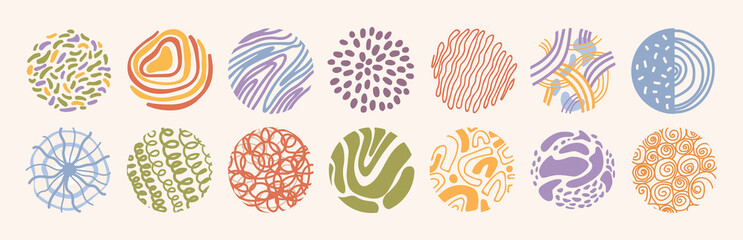 Aufkleber - Textures and print samples, isolated set of circle pattern doodles templates. Vector in flat style, lines and wavy curvy decorative elements. Drawn decor and ornaments for background or adornment