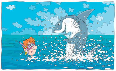 Wall Mural - Dangerous adventure of a funny intrepid diver with a mask and a snorkel swimming in a tropical sea near a curious great white shark, vector cartoon illustration