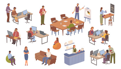 Aufkleber - People working in office, isolated female and male workers sitting by desks with computers and laptops. Vector set of of flat cartoon characters giving presentations and completing project tasks