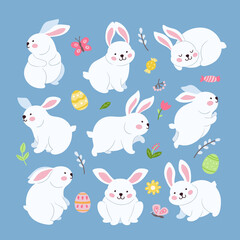 Sticker - Rabbits characters. Smart bunny and easter eggs, spring rabbit set. Cartoon scandinavian animal diverse pose. White festive hare neoteric vector decor