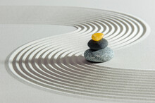Japanese Zen Garden With Yin And Yang And Feng Shui In Textured Sand