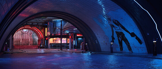 Aufkleber - Dark moody cinematic view of seedy cyberpunk downtown city street from under a tunnel. 3D rendering..