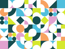 Geometric Abstract Seamless Pattern With Colorful Simple Elements Of Geometry, Wallpaper Background In Retro 70s Style, Bauhaus Constructive Style Tiles.