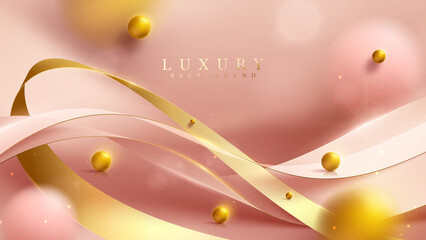 Pink luxury background with ribbon element and 3d gold ball decoration with blur effect and glitter light and bokeh.