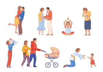 Wall Mural - Parents childbirth. Parent cuddling babies, mom hug new baby, pregnancy and maternity, couple with children stroller, smiling mother happy young family, swanky vector illustration