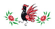 Rooster in flowers - Gorodets painting in vector.Red black rooster in flowers hand drawn sketch