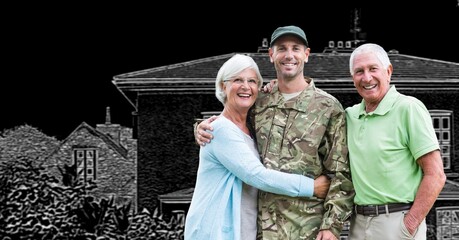 Wall Mural - Composition of smiling male soldier with his parents and house in background