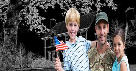 Wall Mural - Composition of smiling male soldier with his children with american flag and house in background