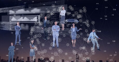 Poster - Composition of network of connections with digital icons and data processing over business people