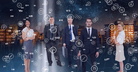 Poster - Composition of network of connections with digital icons over business people