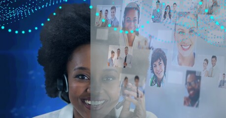 Poster - Composition of smiling businesswoman wearing phone headset with network of people's photographs