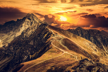 Mountain peaks at sunset. Tatra Mountains in Poland