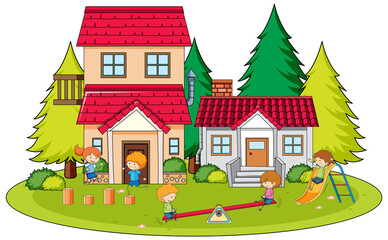 Sticker - Scene with children playing in the lawn