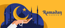 Ramadan Kareem - Praying Human Hands Hold Bead And Moon, Star Ramadan Symbol In Night Time Vector Design