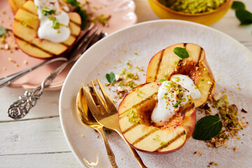 Sticker - Yummy dessert with grilled nectarines on plate