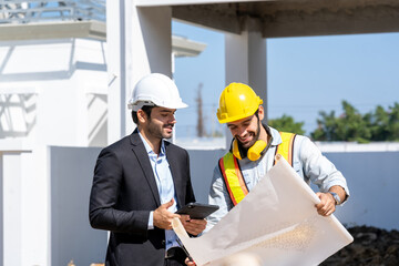 Poster - Engineer and businessman planning new residential subdivision home building in construction site.