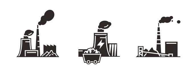 Coal power station icons set. Editable vector illustration