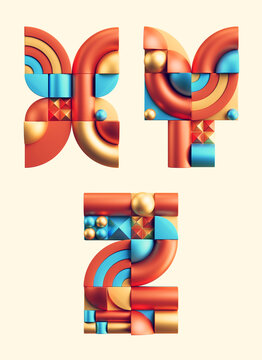 3d rendering of colorful font made of abstract geometric shapes