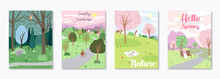 Set Of Cute Illustrations With People And Spring Nature And Summer. Vectir Design For Poster, Card, Invitation, Placard, Brochure, Flyer And Other EPS