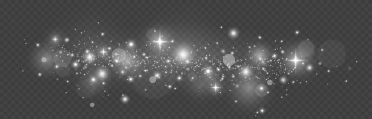 Wall Mural - The dust sparks and silver stars shine with special light. White dust, white sparks and golden stars. Christmas Abstract stylish light effect.