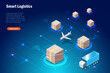 Smart logistics delivery tracking system with wireless technology. Shipment cartons delivery by airplane and transportation truck with cloud computing. Global logistic import export freight.