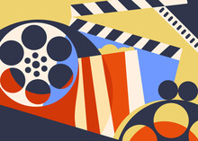 Cinema Banner With Clapperboard And Popcorn. Placard Design In Abstract Style.
