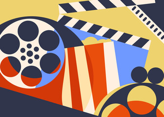 Wall Mural - Cinema banner with clapperboard and popcorn. Placard design in abstract style.
