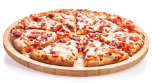  Wooden Plate Of Slices Bacon Pizza Over White Isolated Background