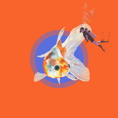 Wall Mural - Beautiful abstract illustration abstract of Koi fish on an orange background