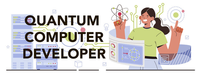 Poster - quantum computer developer typographic header. innovative calculations