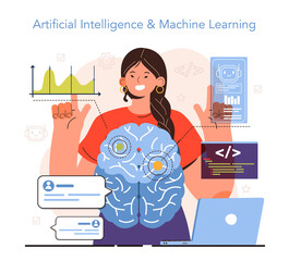 Poster - Diverse women in AI and STEM concept. Female character works artificial