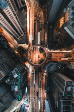 Aerial View Of A Roundabout In Hong Kong Downtown, China.