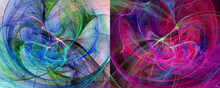 Colorful Vibrant Misty Swirls On White And Black Backgrounds. Two Abstract Fractal Backgrounds In One. 3d Rendering. 3d Illustration.