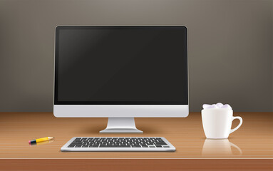Poster - Modern computer with black screen on a wood mirror table. 3d vector mockup