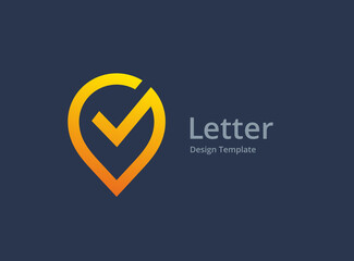 Poster - letter v with geotag or location pin and check mark logo icon design template elements